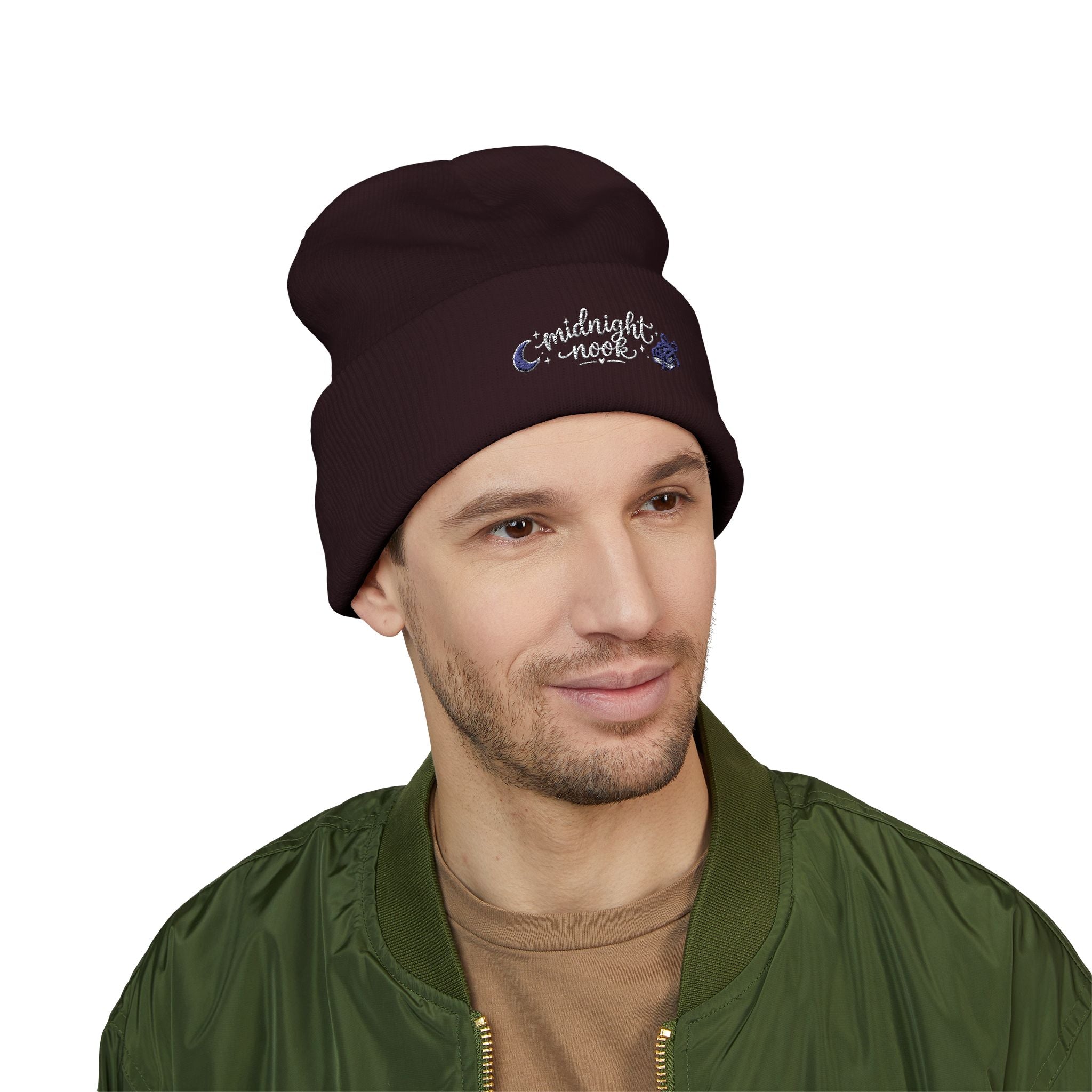 Midnight Moon Embroidered Beanie — Cozy Cuffed Winter Hat