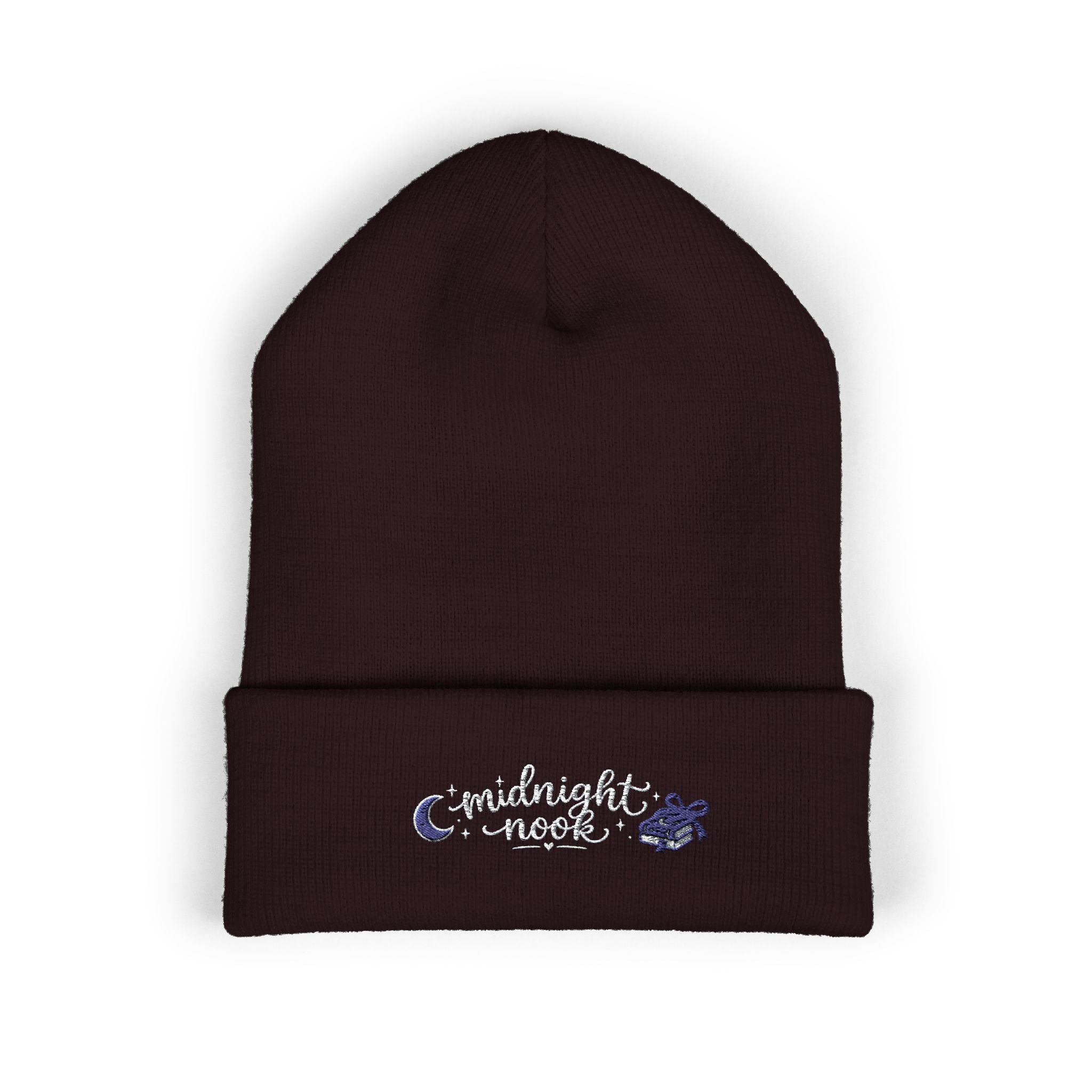 Midnight Moon Embroidered Beanie — Cozy Cuffed Winter Hat