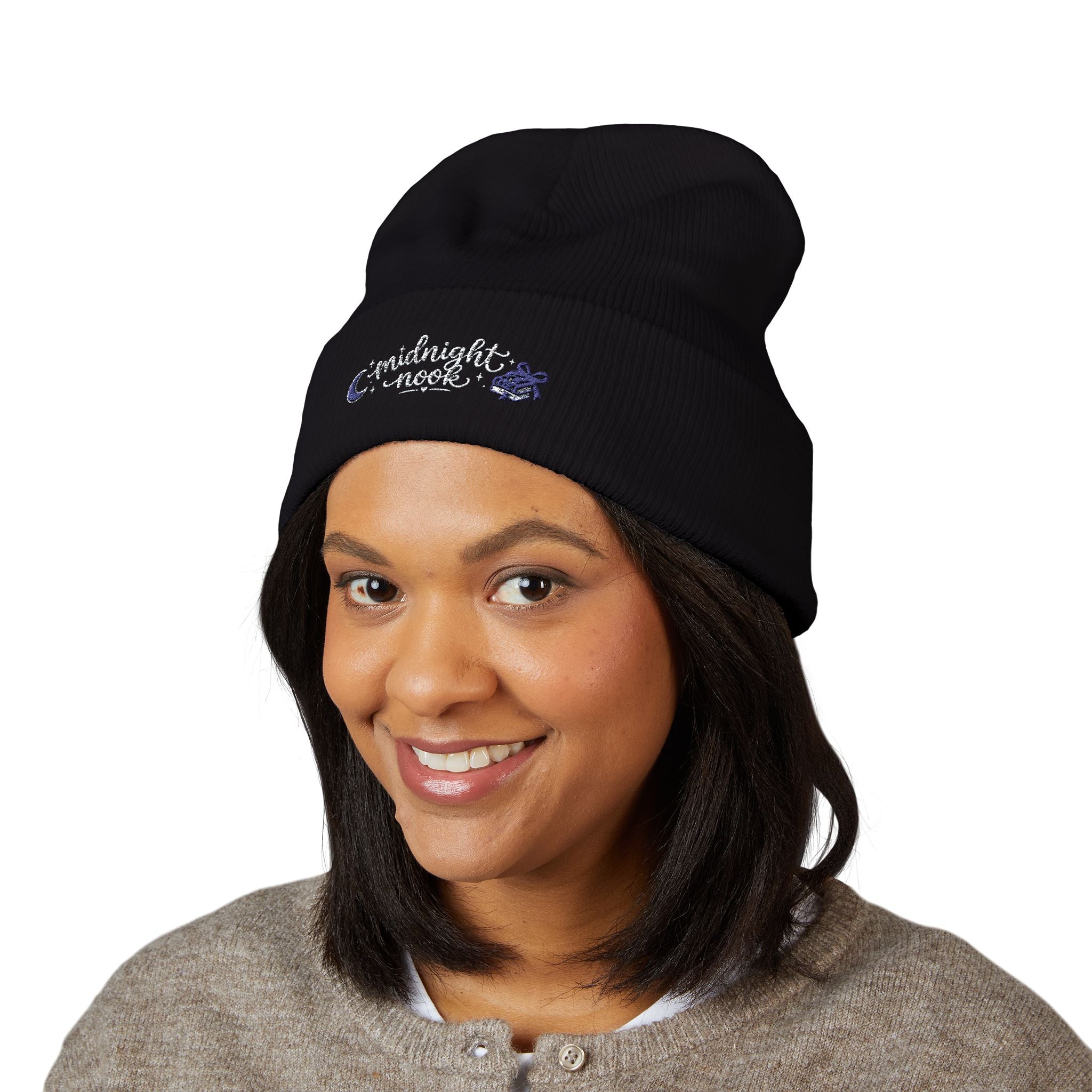Midnight Moon Embroidered Beanie — Cozy Cuffed Winter Hat