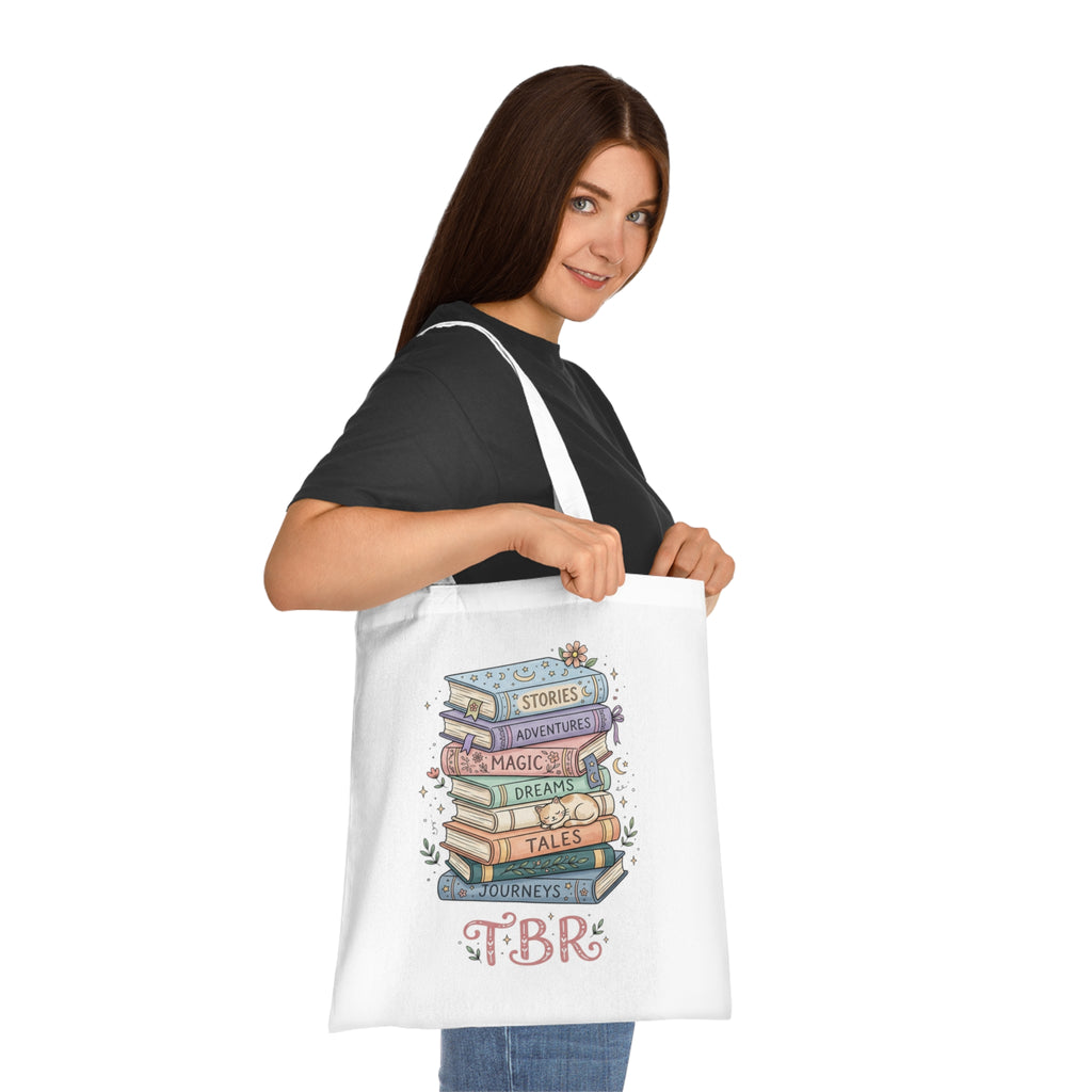Book Lover Cotton Tote — “Just One More Book” TBR Stack Tote