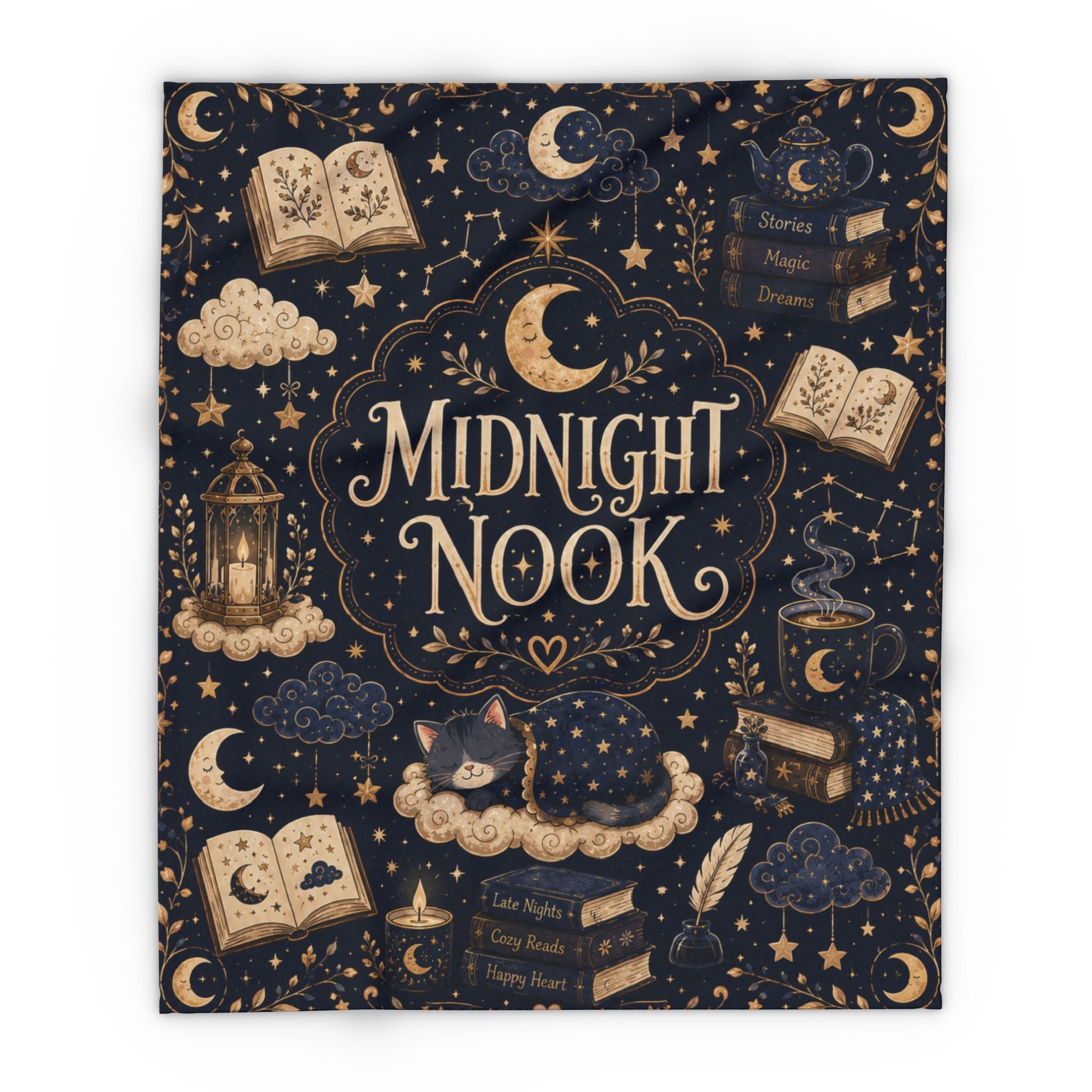 Midnight Nook Fleece Blanket — Cozy Bookish Throw with Moon & Stars