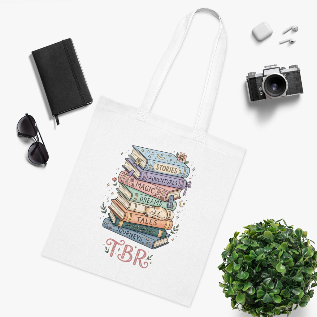 Book Lover Cotton Tote — “Just One More Book” TBR Stack Tote