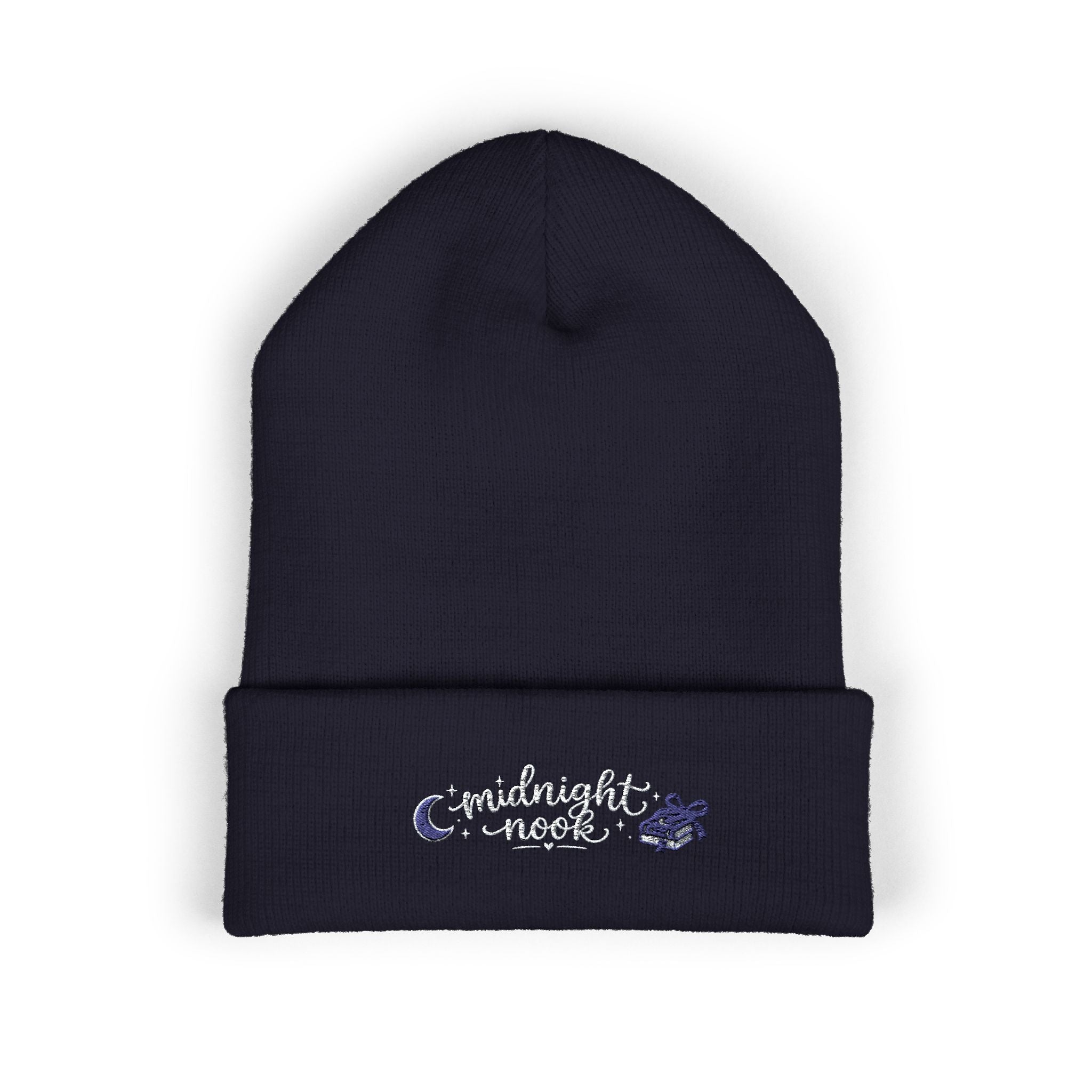Midnight Moon Embroidered Beanie — Cozy Cuffed Winter Hat