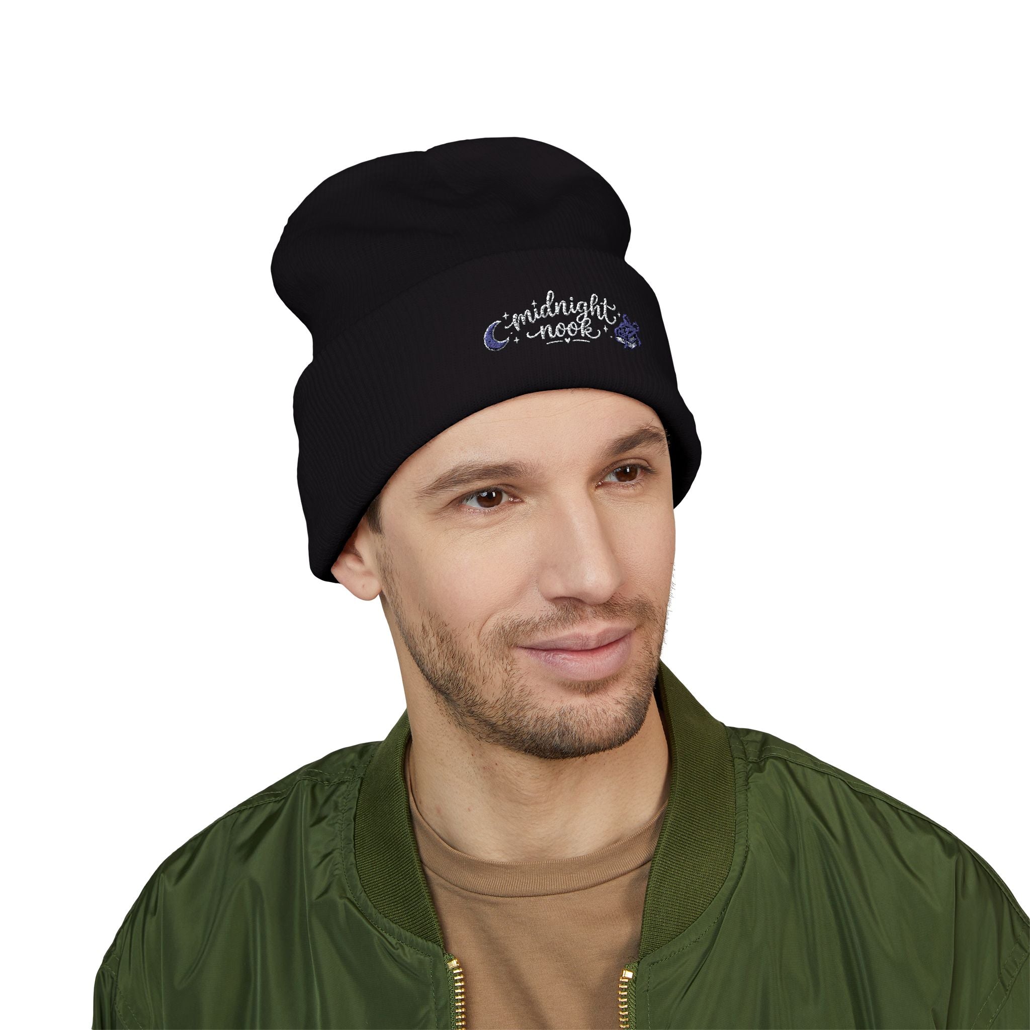 Midnight Moon Embroidered Beanie — Cozy Cuffed Winter Hat