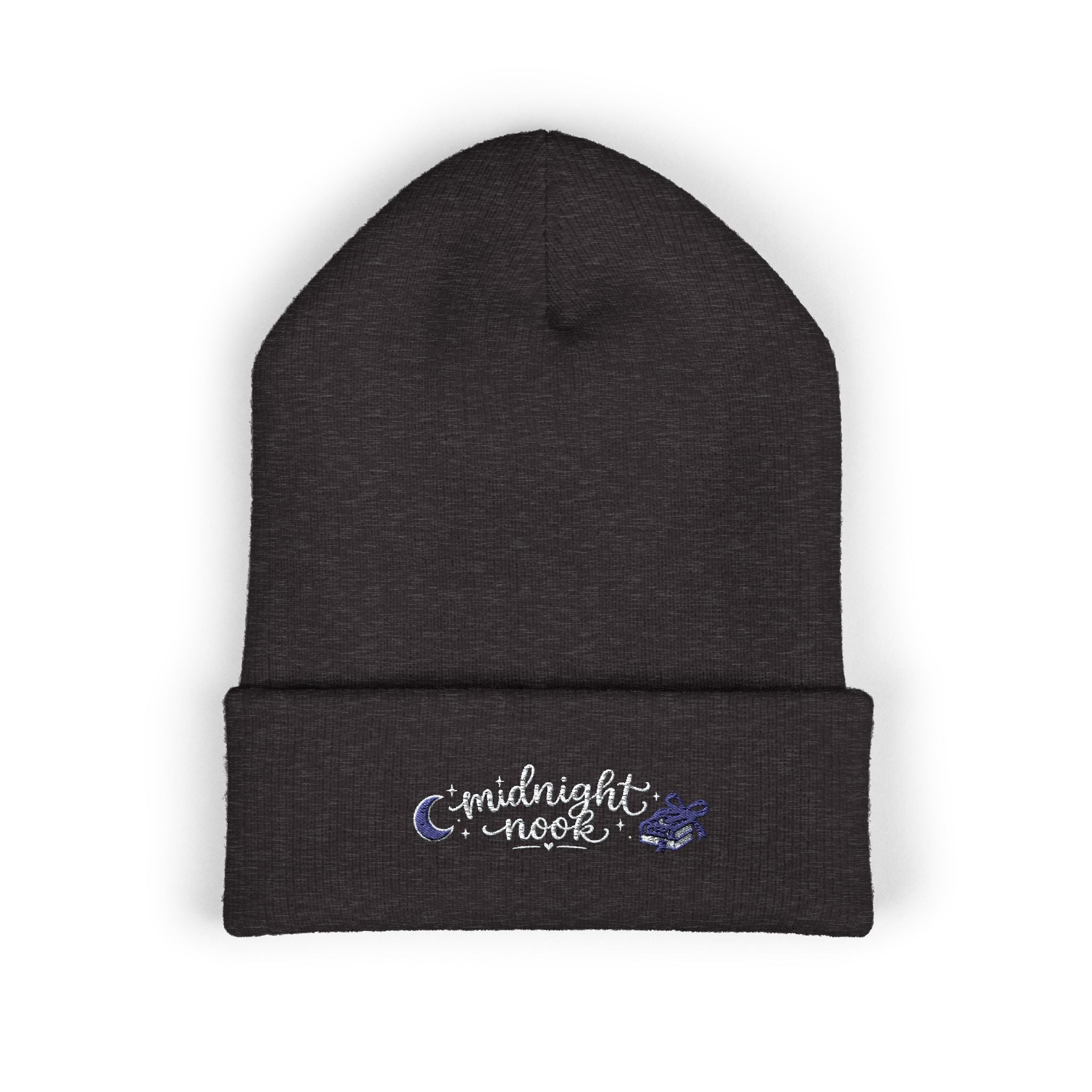 Midnight Moon Embroidered Beanie — Cozy Cuffed Winter Hat