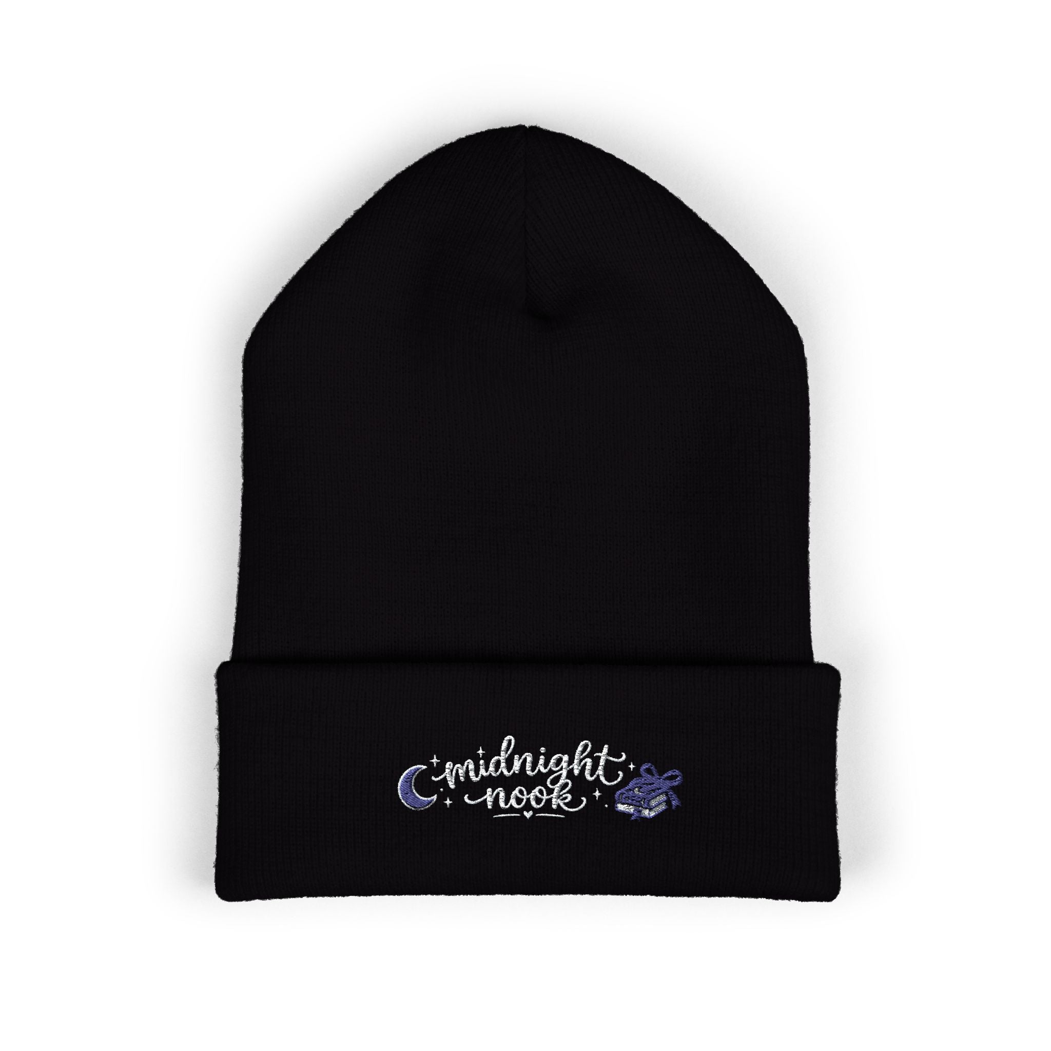 Midnight Moon Embroidered Beanie — Cozy Cuffed Winter Hat