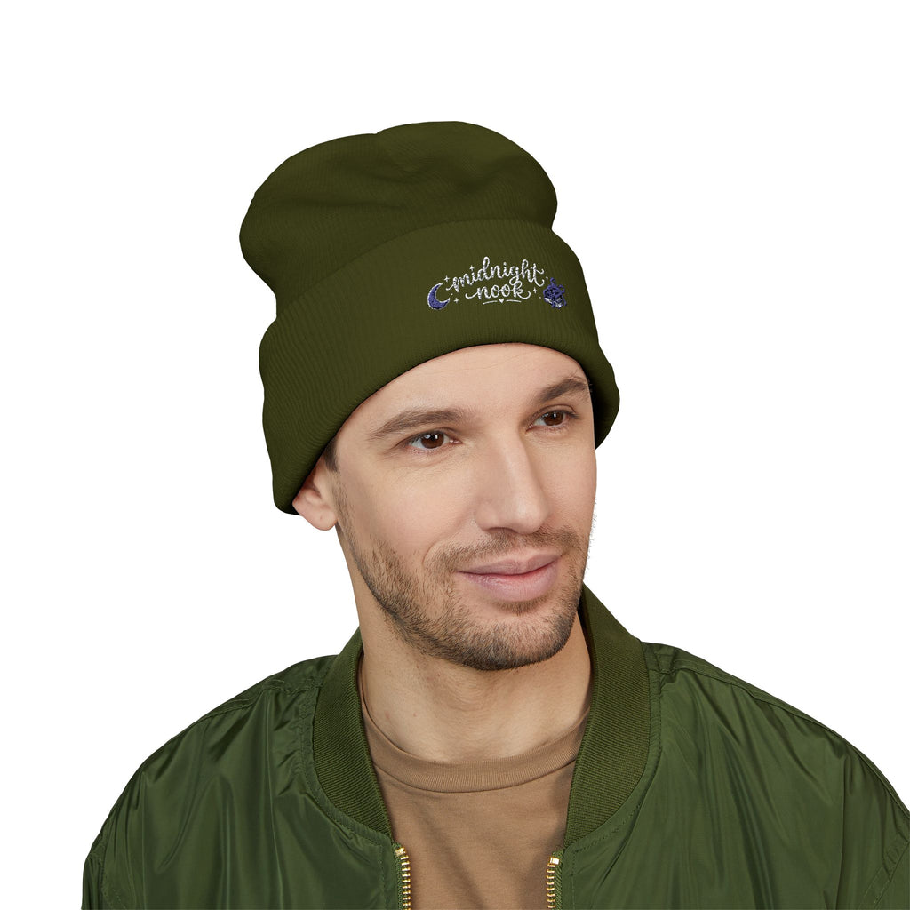 Midnight Moon Embroidered Beanie — Cozy Cuffed Winter Hat