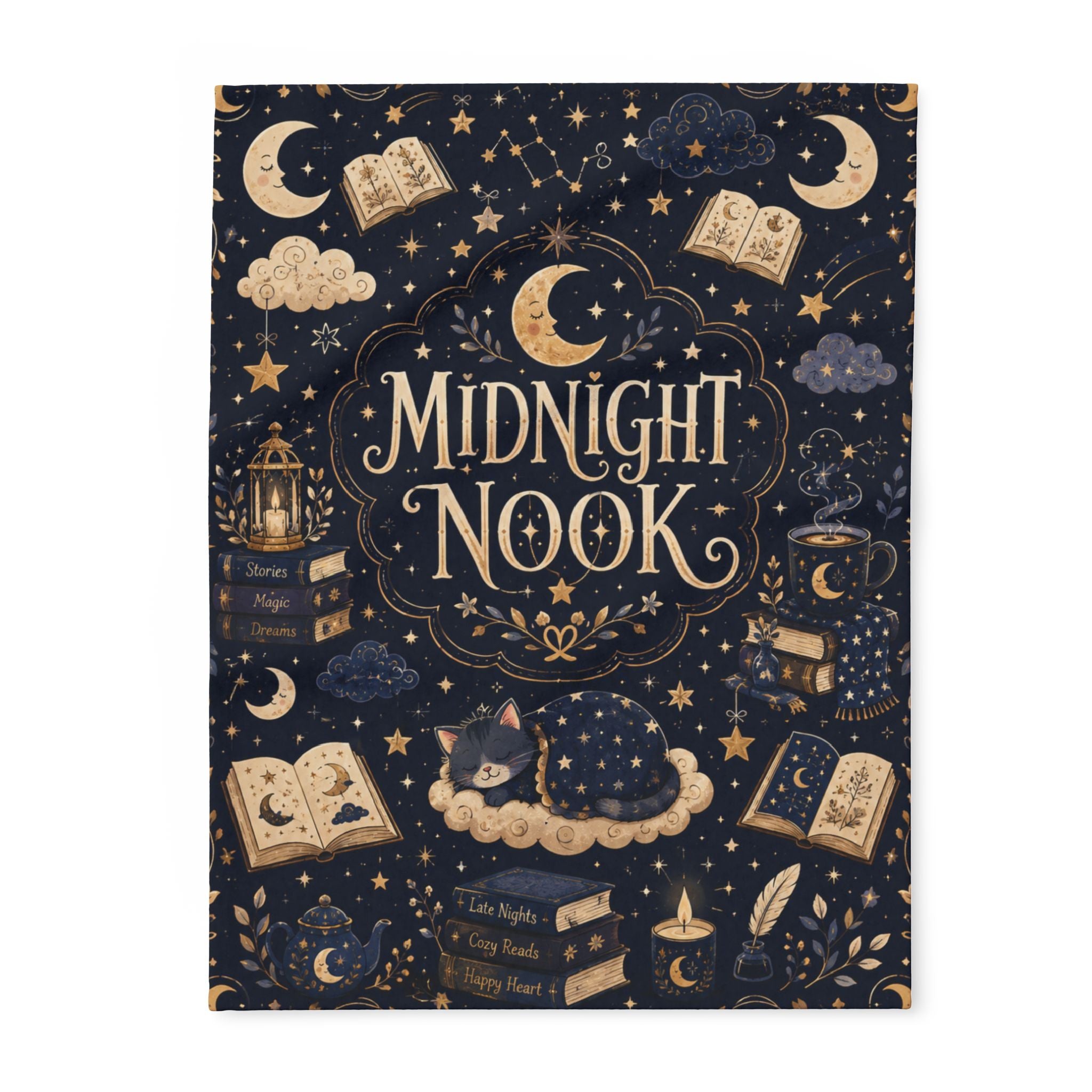 Midnight Nook Fleece Blanket — Cozy Bookish Throw with Moon & Stars