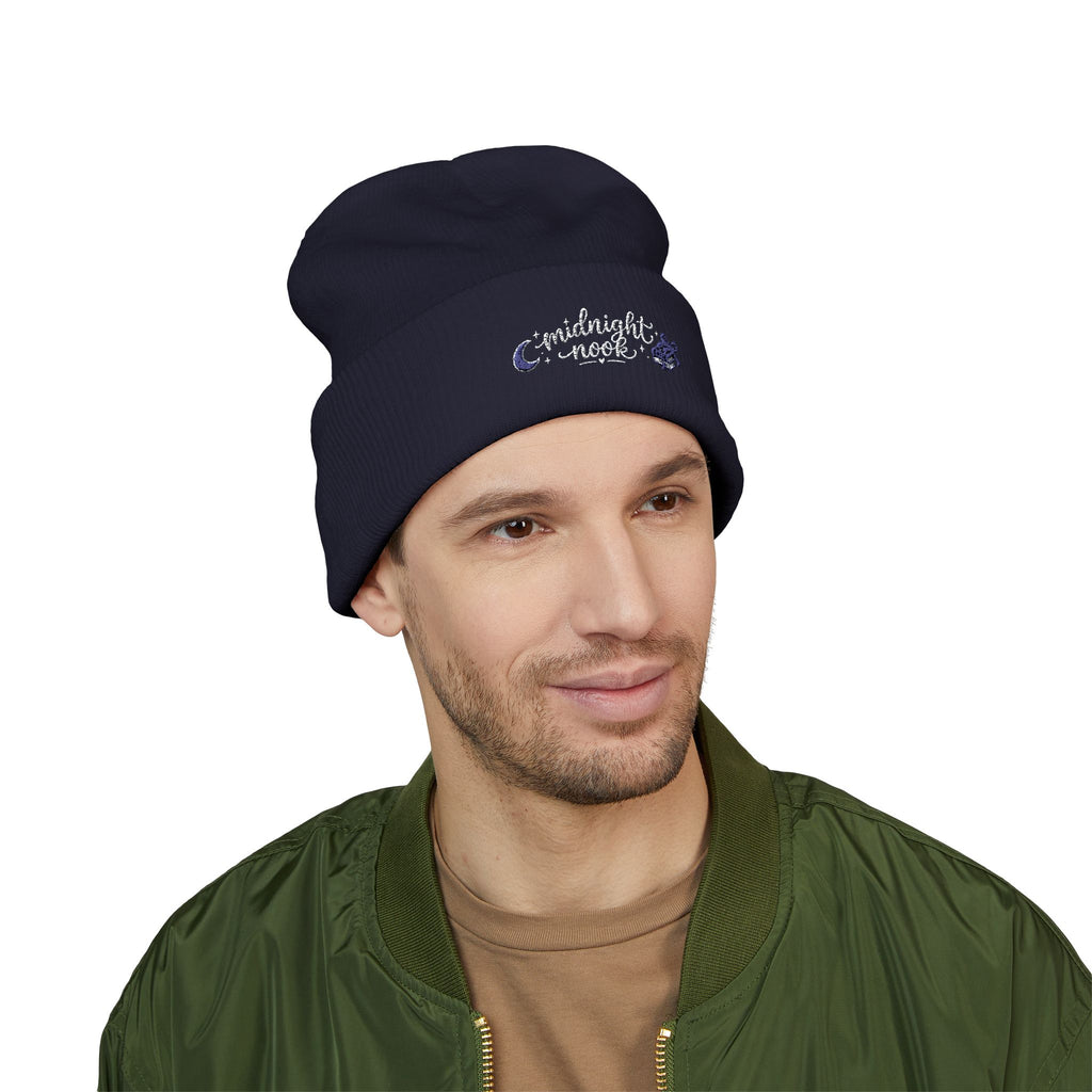 Midnight Moon Embroidered Beanie — Cozy Cuffed Winter Hat