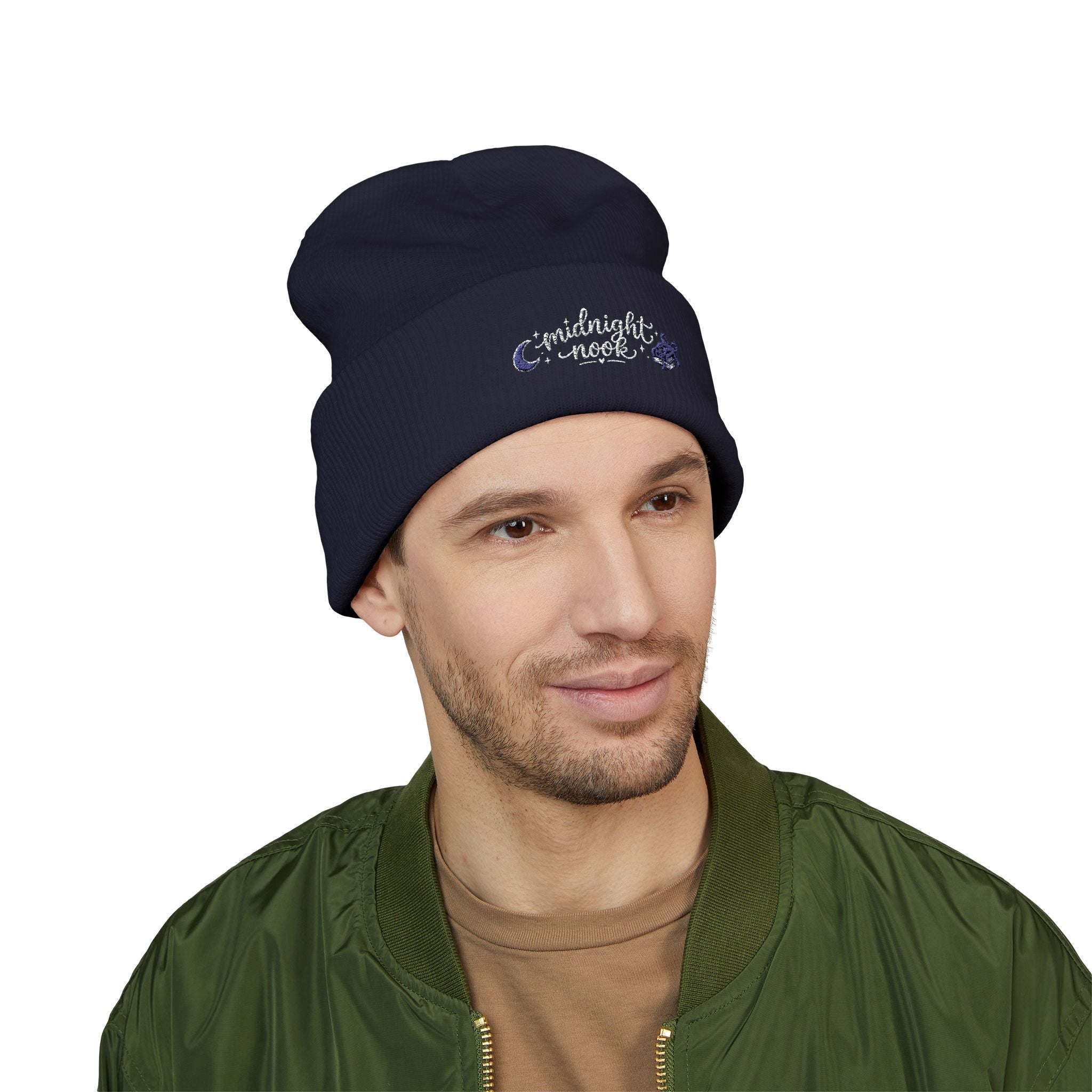 Midnight Moon Embroidered Beanie — Cozy Cuffed Winter Hat
