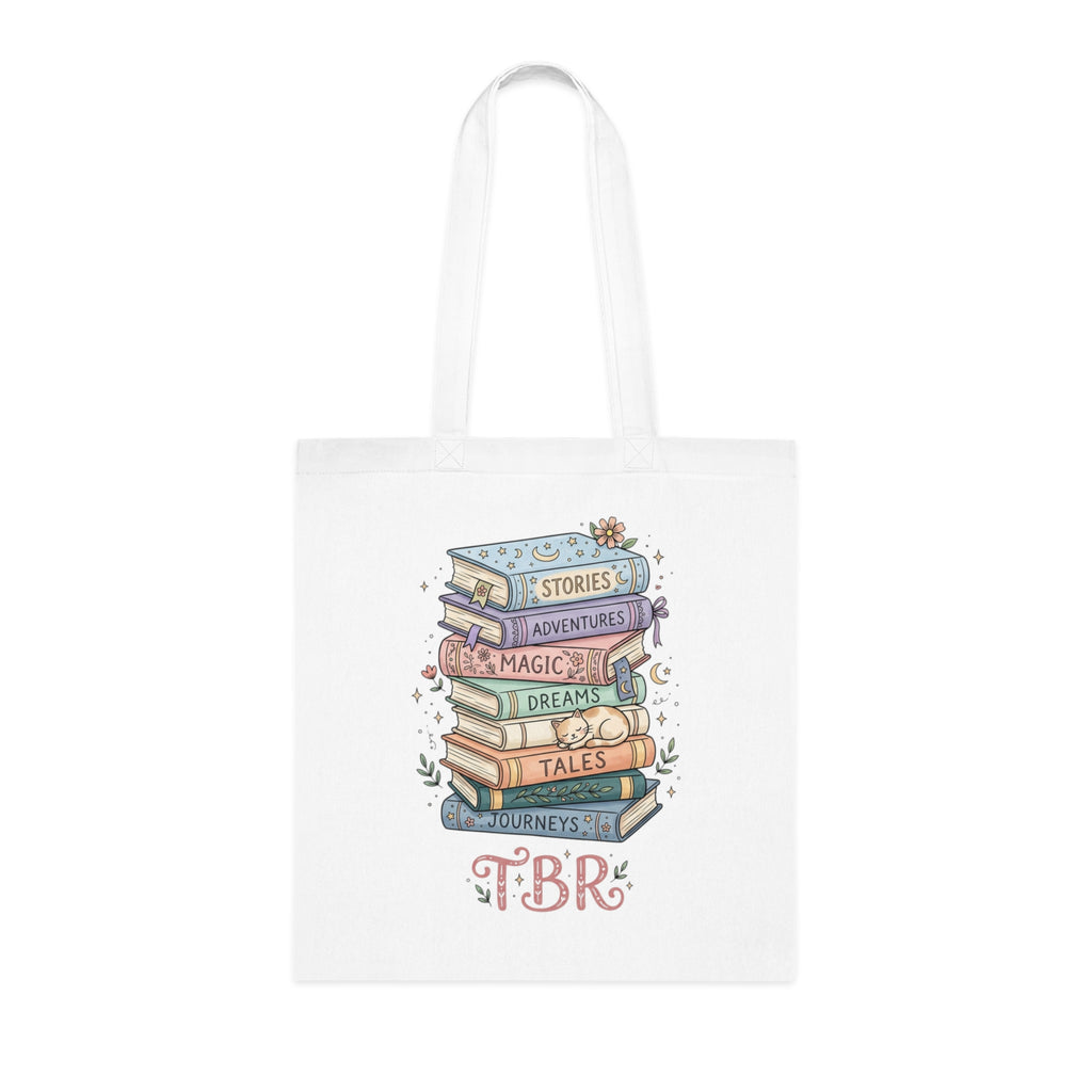 Book Lover Cotton Tote — “Just One More Book” TBR Stack Tote
