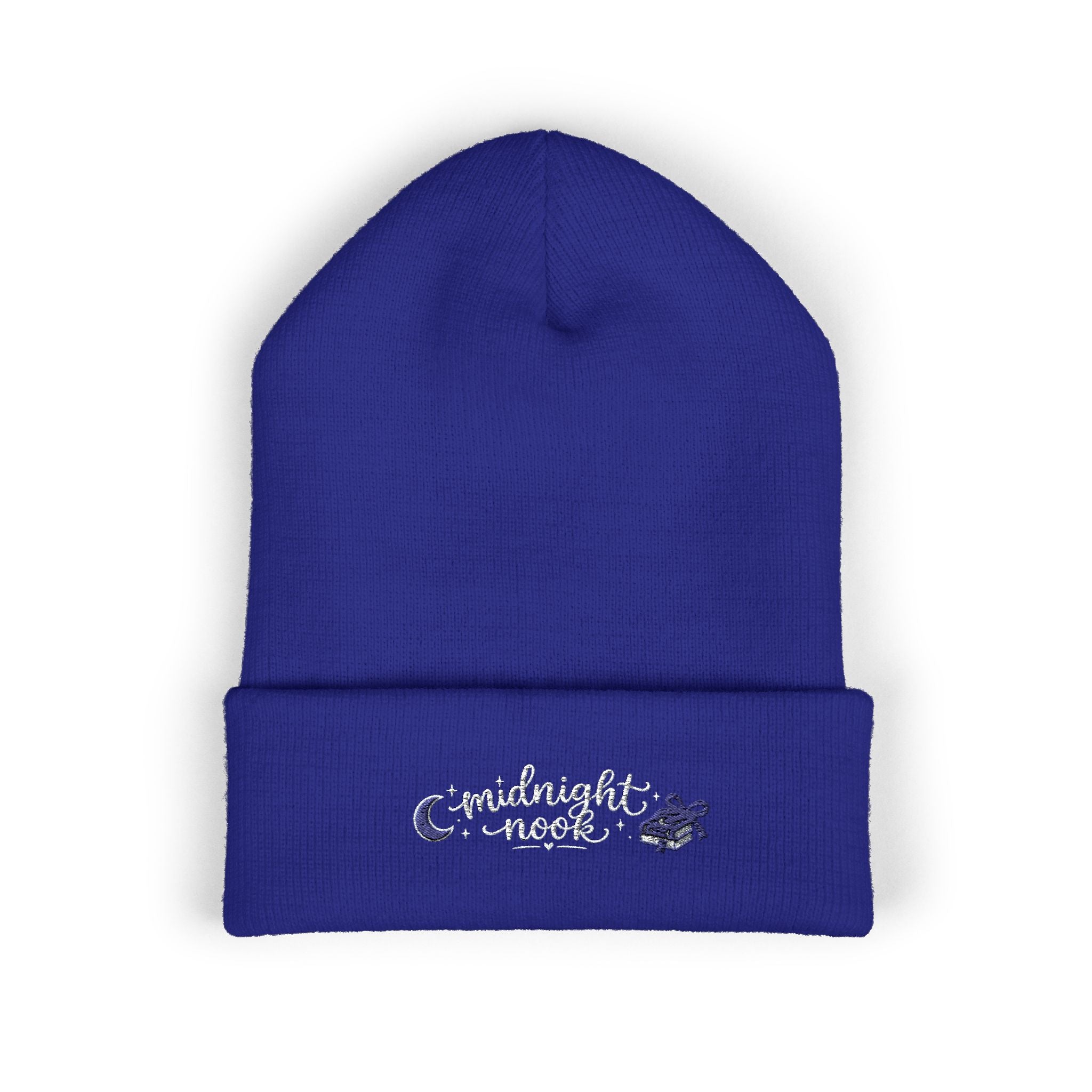 Midnight Moon Embroidered Beanie — Cozy Cuffed Winter Hat